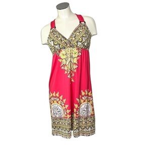 NWT INC Coral Pink Patterned Sleeveless Halter Dress With Rhinestones Size M